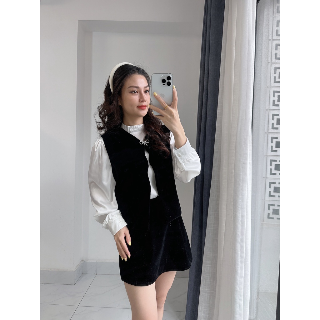 Set 3 món sơ mi kèm gile viền sóng và chân váy nhung tặng kèm tag nơ đá