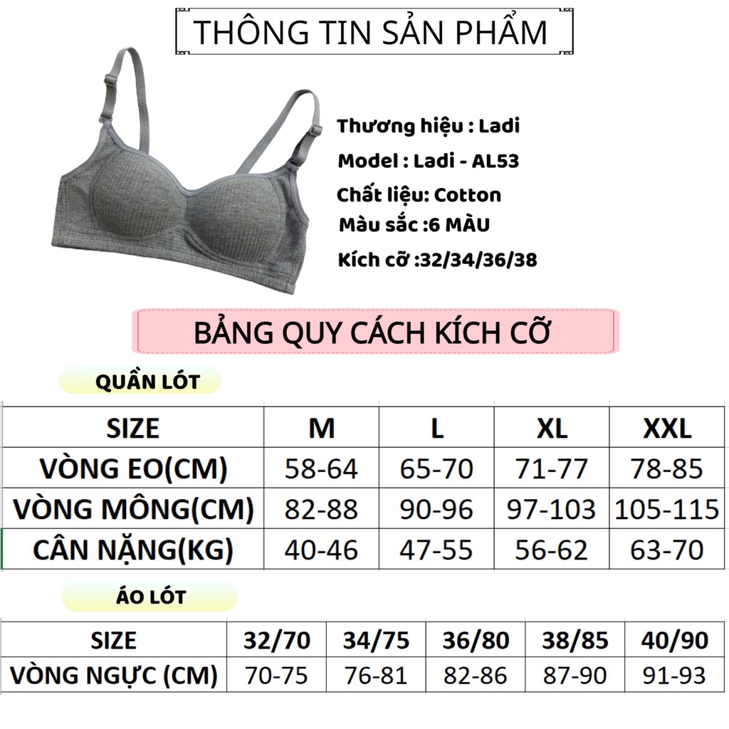 Áo Ngực Nữ Ladi Cotton Cao Cấp Thiết Kế Không Gọng Đệm Mỏng Mềm Mại MÃ AL53