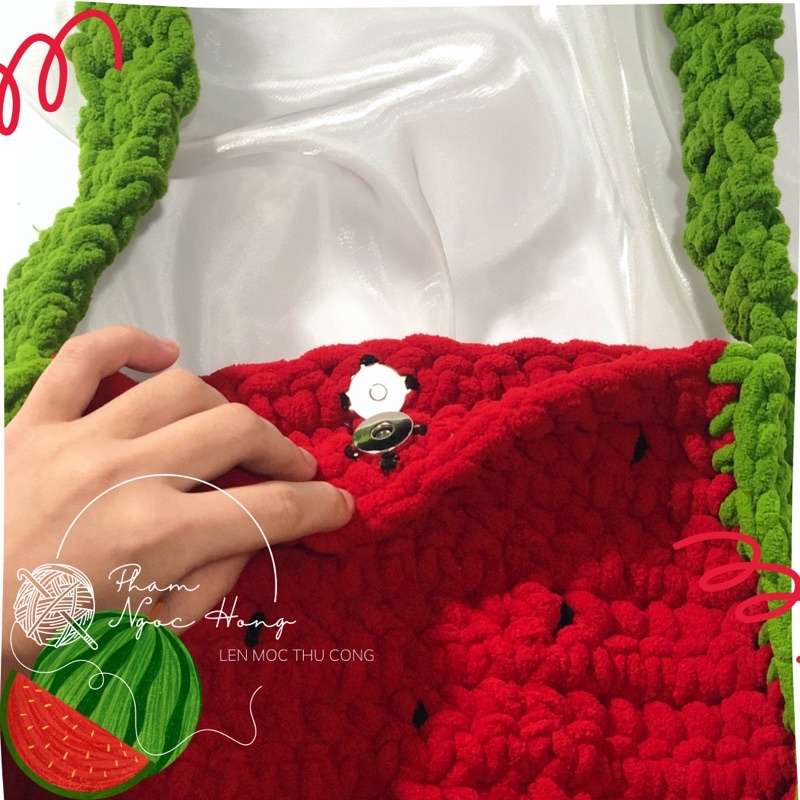 Túi len tote dưa hấu, len móc thủ công