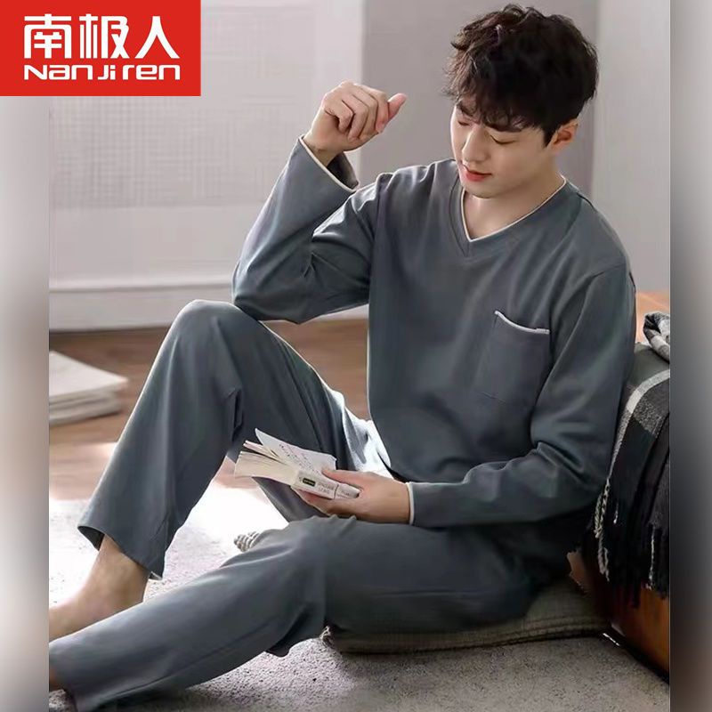 Bộ Đồ Ngủ Vải Cotton Mỏng Tay Dài Dáng Rộng Màu Sắc Đơn Giản Thời Trang Xuân Thu Cho Nam