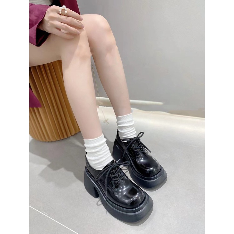 Giày Cao Gót Mũi Tròn Cột Dây Bằng Da Phong Cách Retro Thời Trang