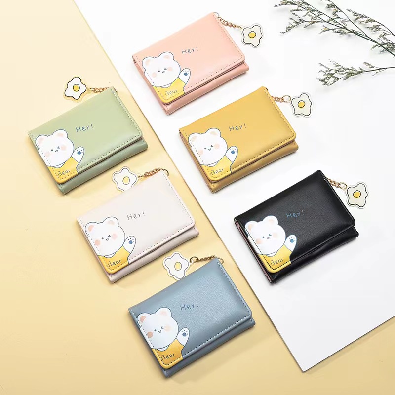 Ví Ngắn Gập Ba In Họa Tiết Gấu Dễ Thương Kích Thước Nhỏ Đựng Thẻ ID / Tiền Mặt Dành Cho Nữ Tuổi Teen