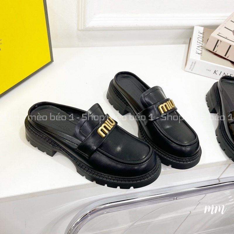 Sục miu tag chữ ngang mũi tròn gót cao fullbox hàng quảng châu cao cấp