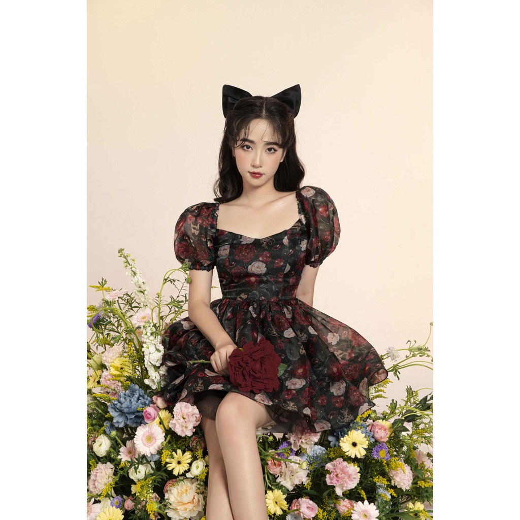 Váy ngắn tay bồng chát liệu organza in hoa The Peachy- Orianna Dress