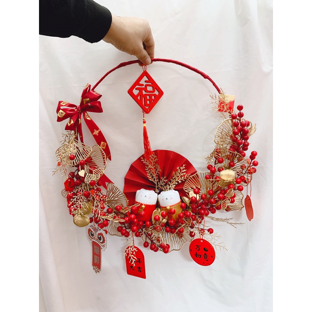Vòng tài lộc treo cửa Decor trang trí ngày tết may mắn Đón xuân- Vòng hoa đào đông đỏ đón tết may mắn Tài Lộc năm mới
