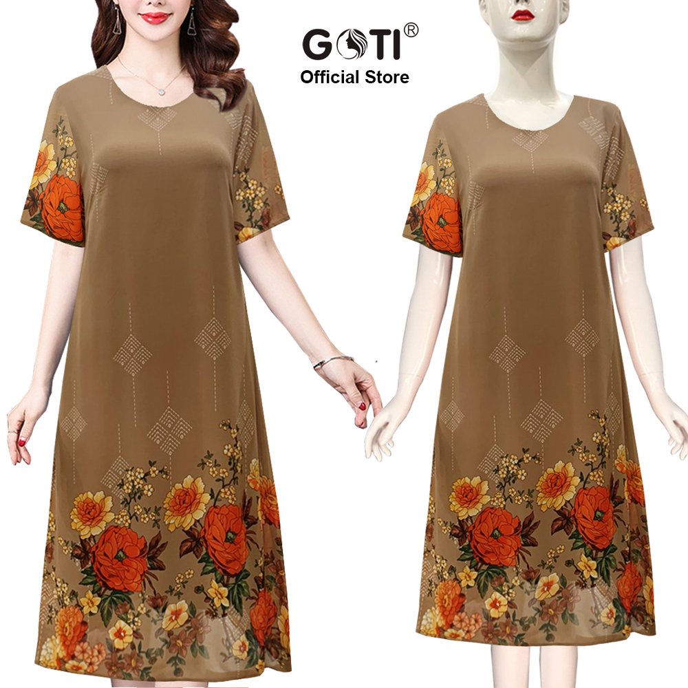 GOTI - Đầm Suông Trung Niên Cổ Tròn Tay Ngắn Dáng Dài Chữ A 2 Lớp Voan Hoa Cao Cấp Tặng Mẹ 3367 3368 3226 3309 3344