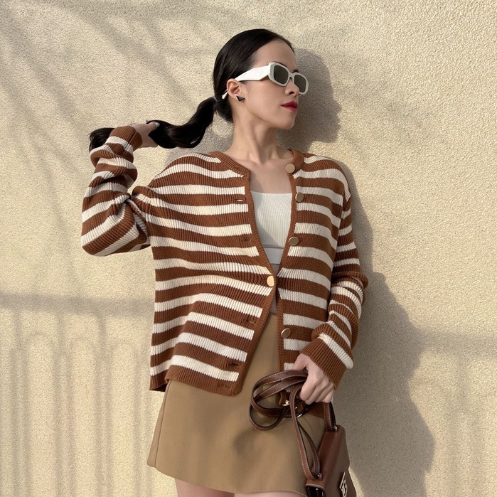Áo khoác len nữ dáng ôm basic sọc ngang tay dài
