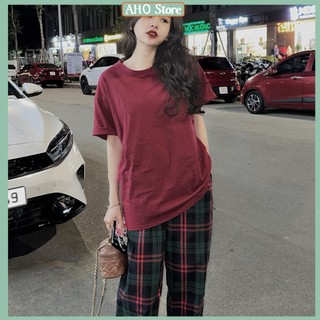 Quần nữ kẻ caro quần dài nữ ống suông cạp chun freesize