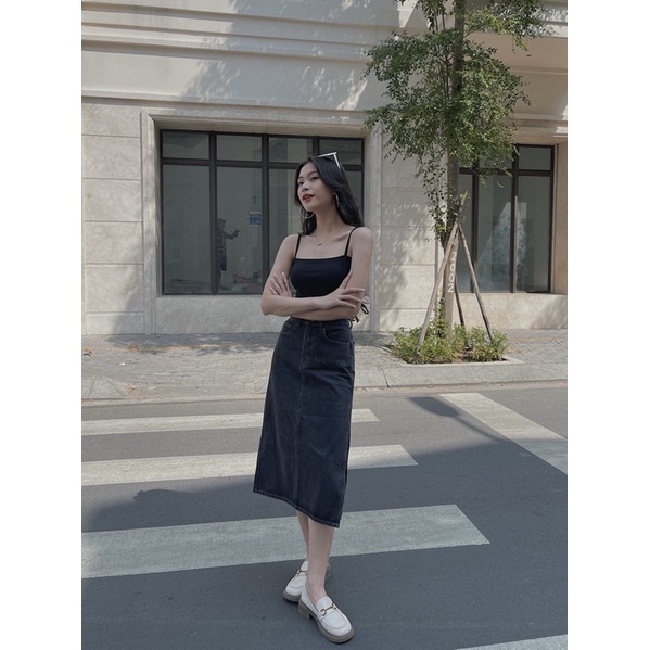 Chân váy jean dài xẻ cá tính đen xám LUCETFASHION Domi Jean Skirt