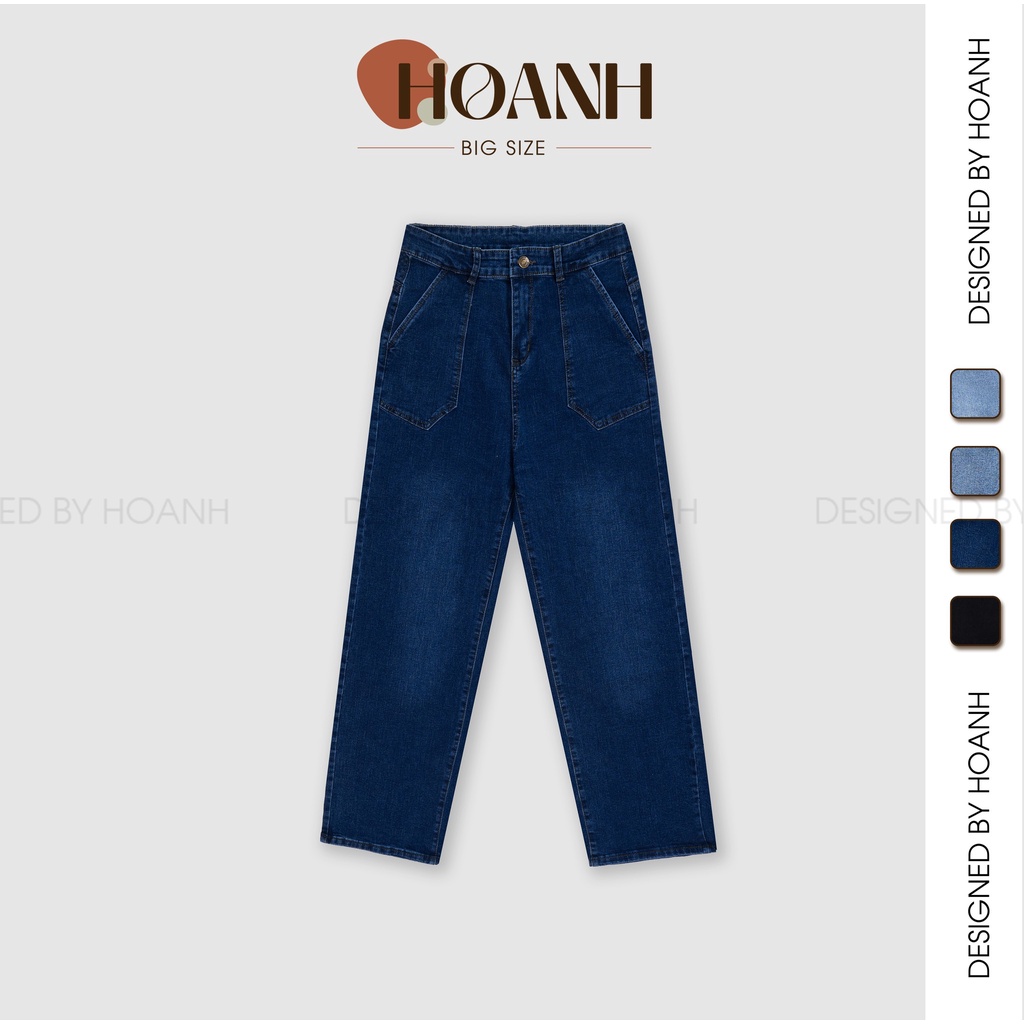 Quần Jean Ống Đứng Túi Hộp Cạp Cao Bigsize Nữ (50 - 90Kg) Màu Xanh Đậm, Tua Lai, Co Giãn Tốt, Lưng Cao - HOANH BIGSIZE