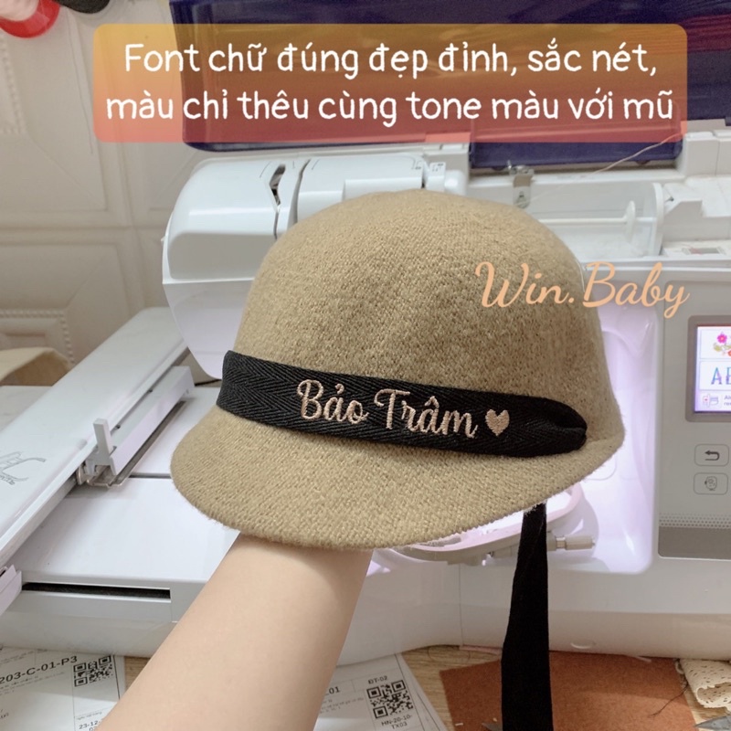 Mũ len lưỡi trai thêu tên độc quyền bé trai bé gái có dây quai buộc chống rơi
