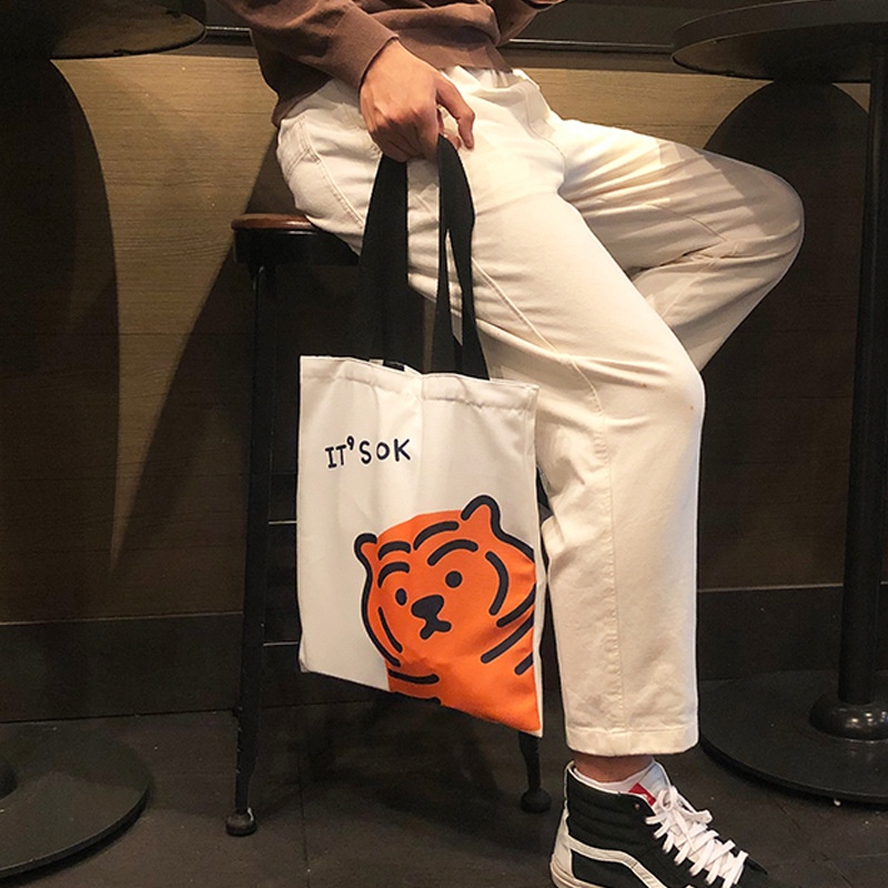 Túi Tote Vải Canvas Cỡ Lớn Có Khóa Kéo In Hình Chú Hổ Dễ Thương Cho Nữ