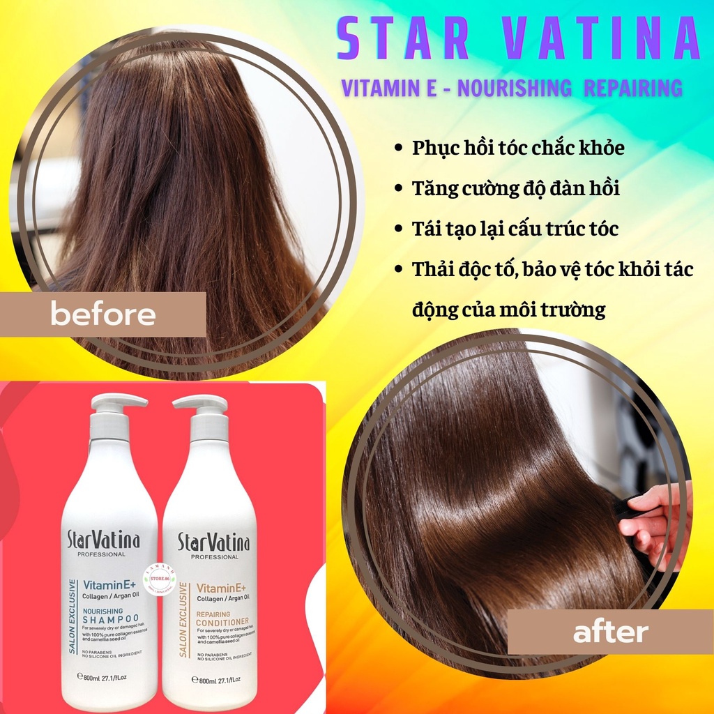 Dầu gội Star Vatina Vitamin E dưỡng ẩm phục hồi tóc, mềm mượt gội không gàu không ngứa cặp gội xả chính hãng 500 - 800ml