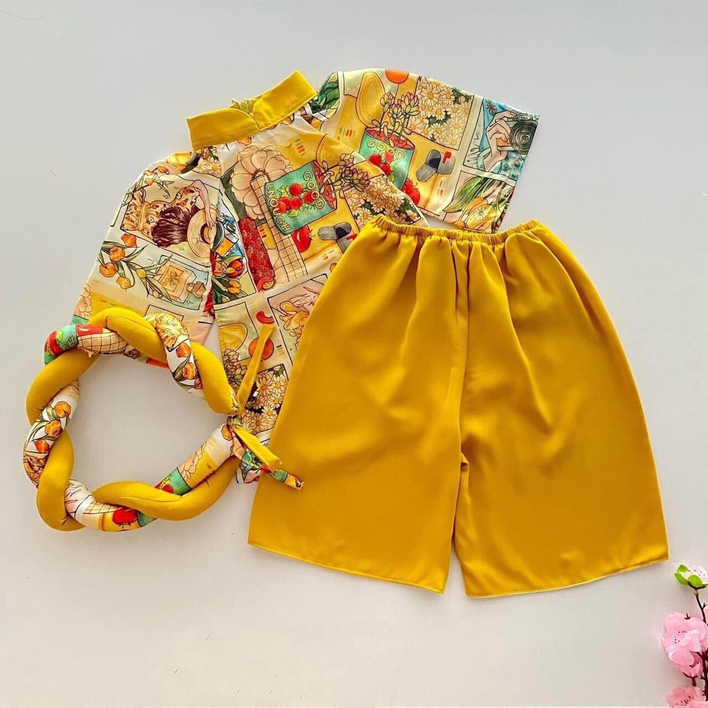 Áo dài cách tân bé gái Tết đong đầy lụa mềm mại kèm mấn 8kg đến 30kg màu vàng