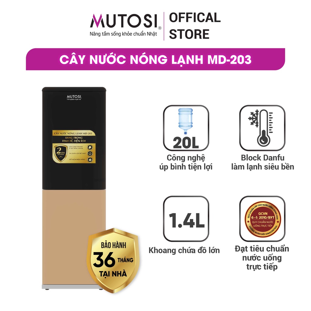 Cây nước nóng lạnh Mutosi MD-203, thiết kế tinh tế tiết kiệm diện tích, khoang chứa đồ tiện dụng