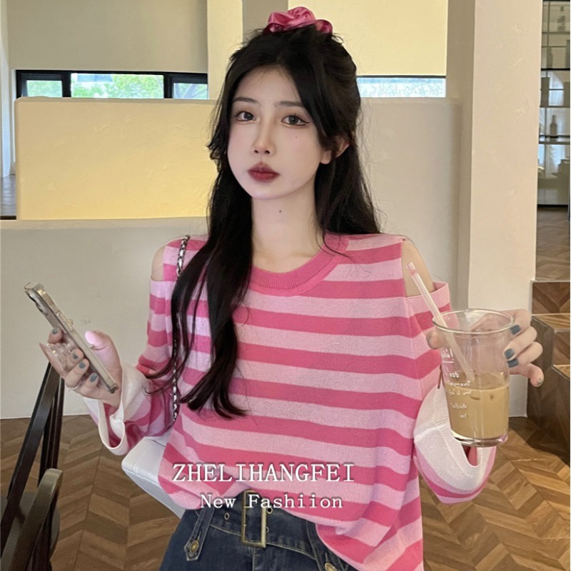 Áo kiểu ZHELIHANGFEI dệt kim tay dài thiết kế hở vai họa tiết kẻ sọc trẻ trung thời trang