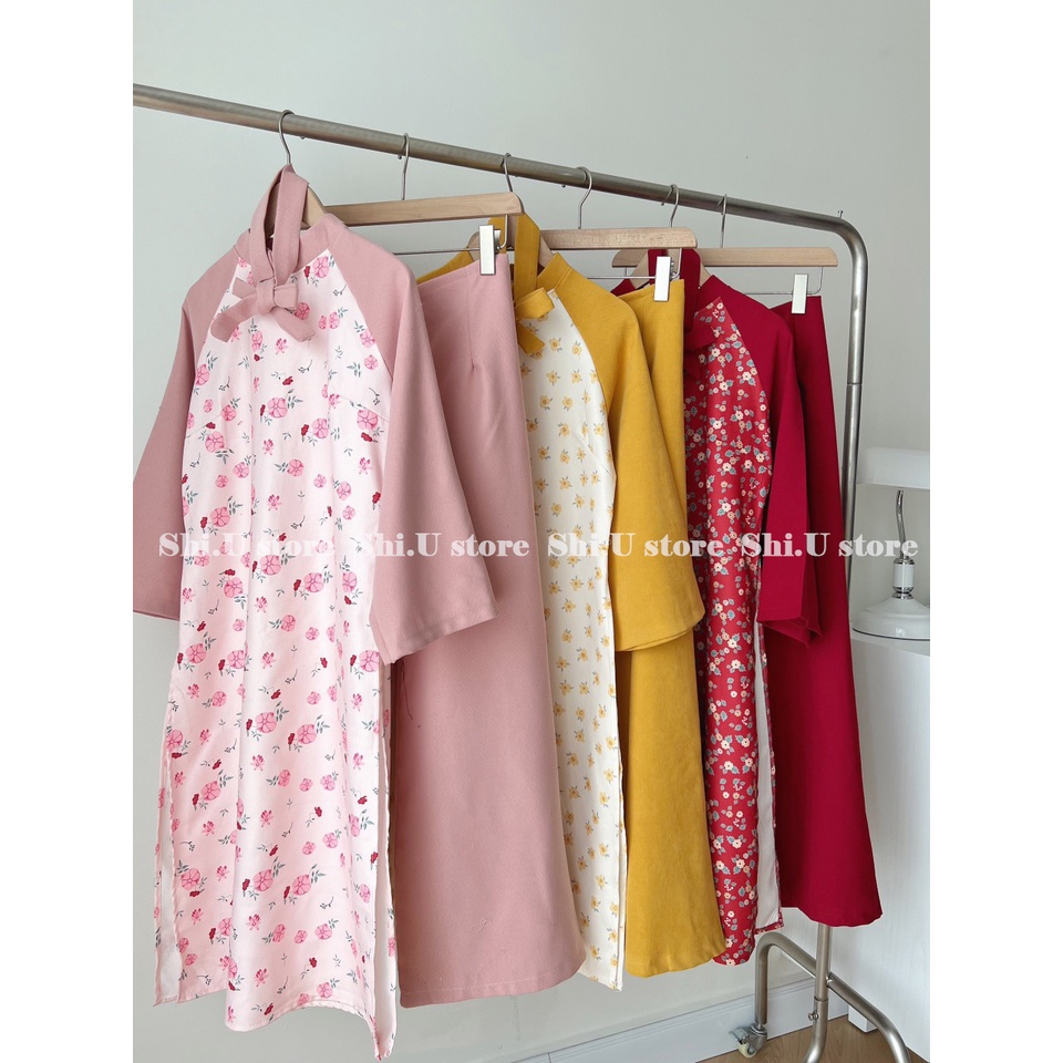 Set áo dài cách tân Tết nhung tăm hoa nhí phối tay kèm dây turban xinh xắn