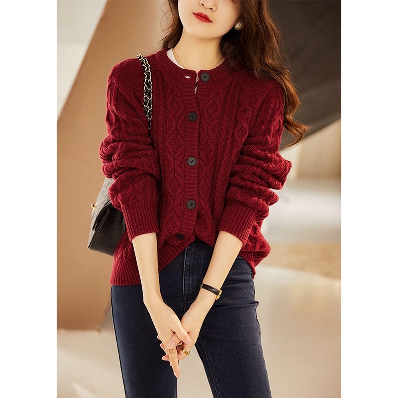 Áo cardigan len đỏ vặn thừng mặc đi chơi giáng sinh, noel ,chơi tết. Áo len nữ chất len dệt dày cao cấp