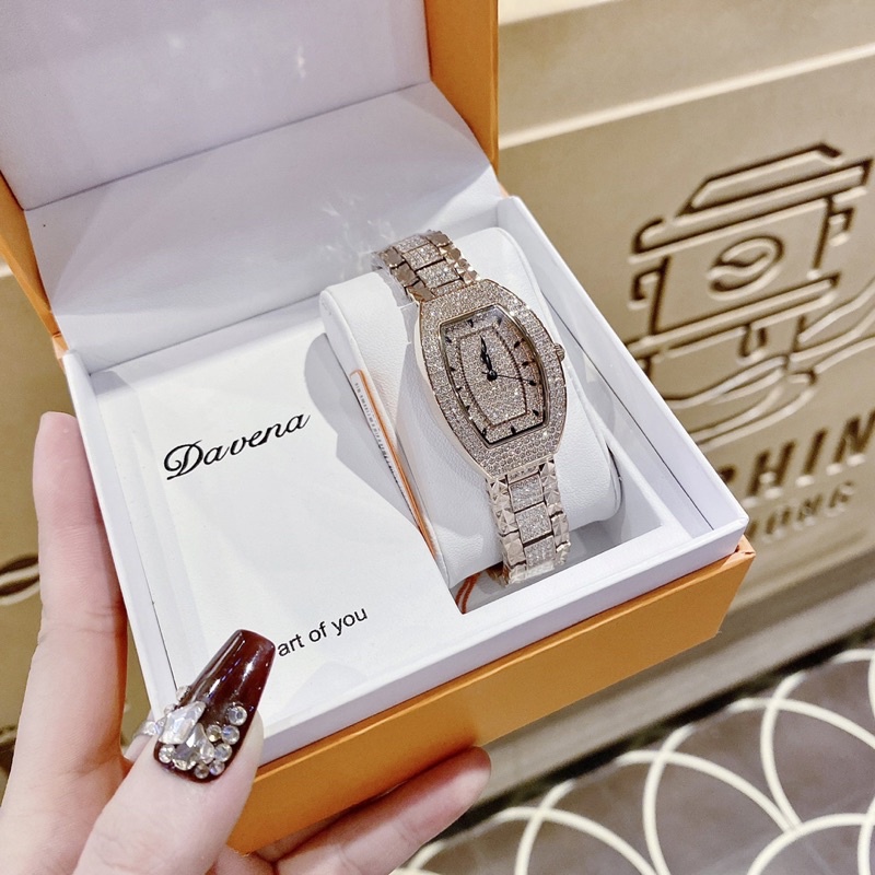 Đồng hồ nữ Davena 61369  chính hãng mặt chữ nhật full đá