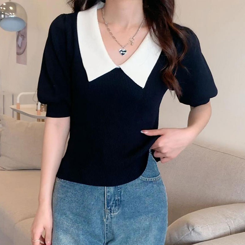 Áo Thun POLO Dệt Kim Tay Ngắn Màu Tương Phản Thời Trang Hàn Quốc Cho Nữ