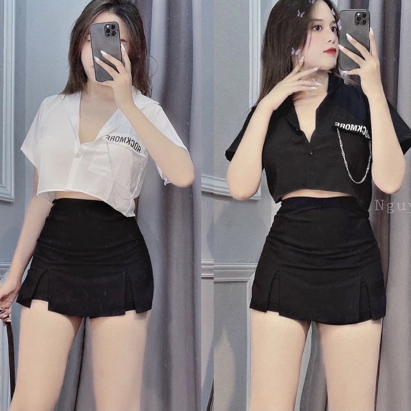 Áo sơ mi croptop tay ngắn phối xích