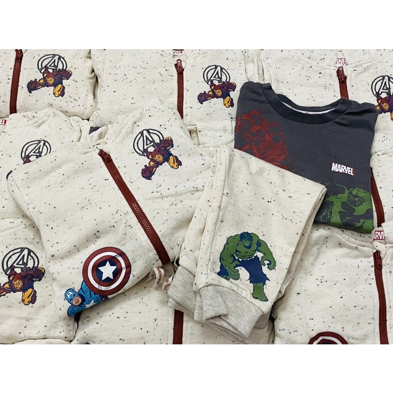 Set 3 chi tiết gồm áo dài tay + bộ khoác nỉ marvel dư xịn cho bé trai size từ 5-15 cân