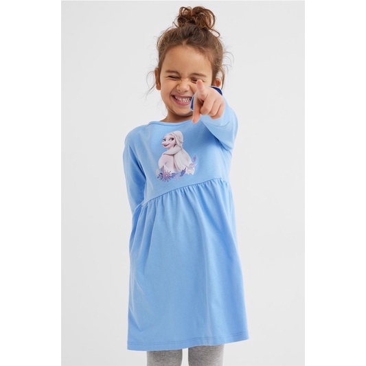 Váy dài tay cổ tròn hình elsa màu xanh đáng yêu săn sale Us sz 8-10y