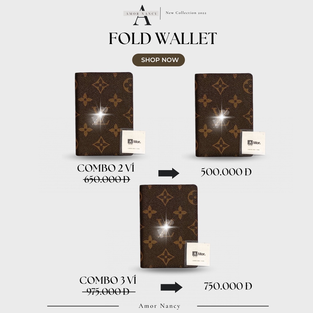 Ví nữ nhỏ gọn gập 2 8x11cm, Ví cầm tay nữ AMOR NANCY, Bóp nam đựng thẻ 5 ngăn