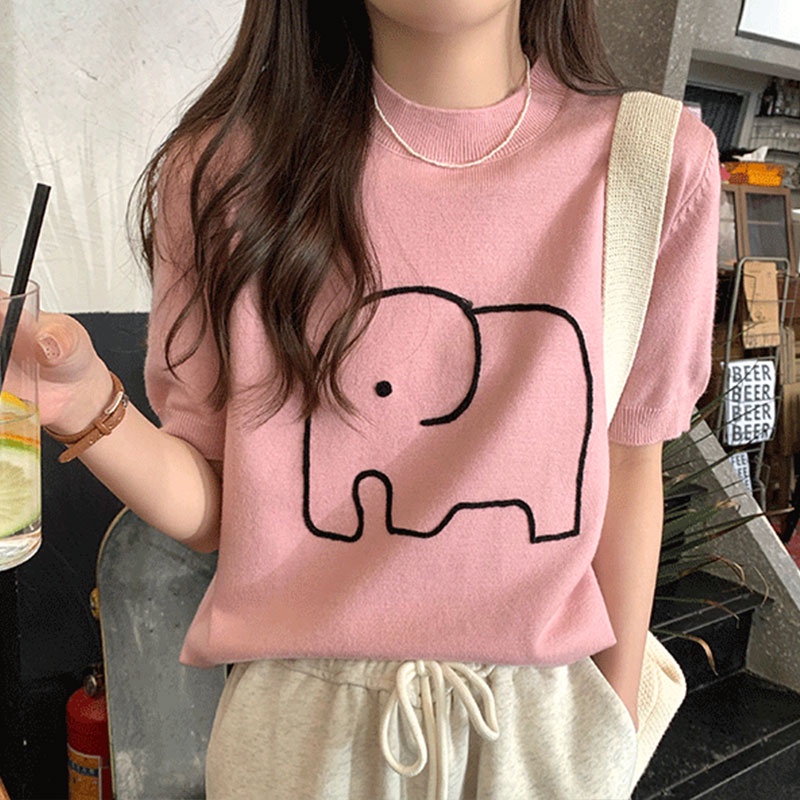 Áo Dệt Kim Tay Ngắn Dáng Ôm Thêu Họa Tiết Chú Voi Hoạt Hình Phong Cách Hàn Quốc Thời Trang Cho Nữ