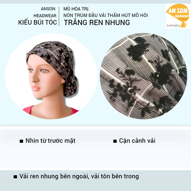 MŨ HÓA TRỊ, NÓN VẢI TRÙM ĐẦU KIỂU BÚI TÓC CHO BỆNH NHÂN UNG THƯ, HÓA TRỊ, XẠ TRỊ #nonanson