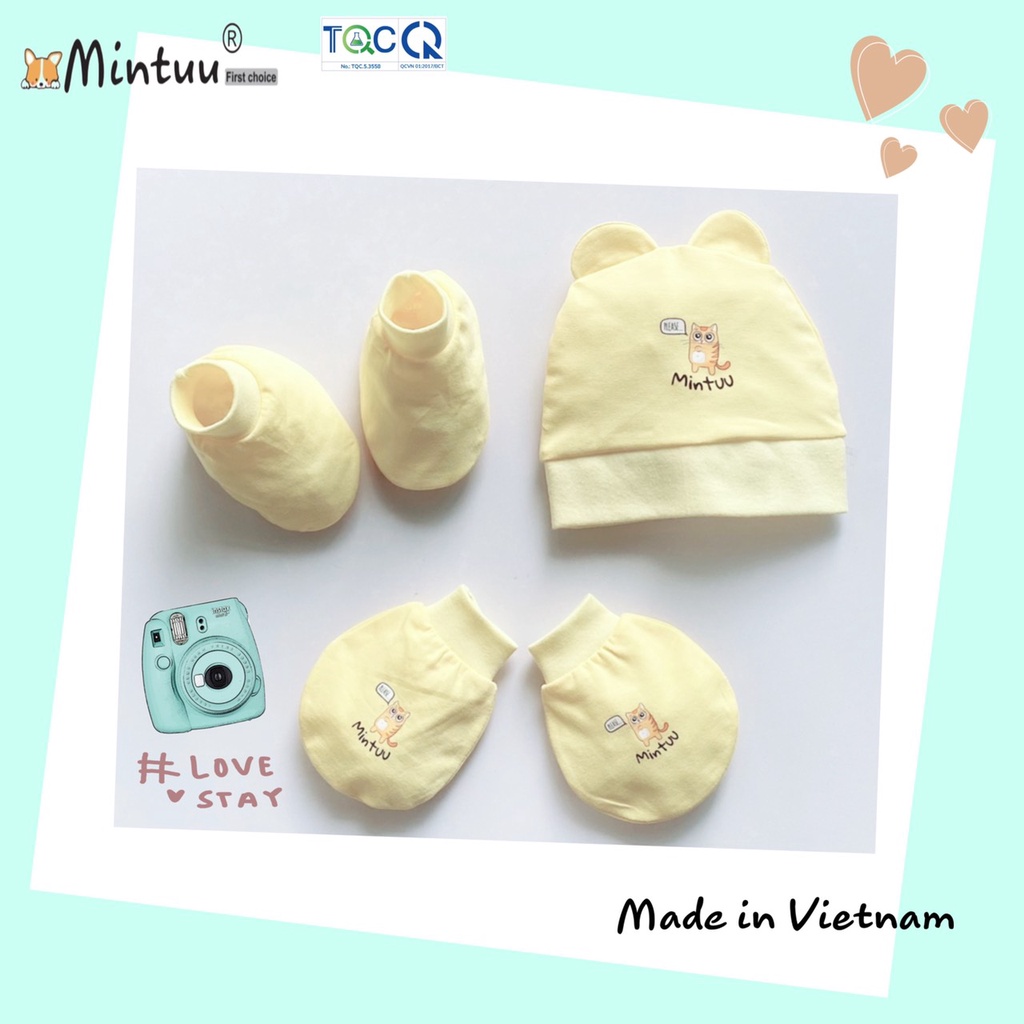 Set Nón sơ sinh tai thỏ - tay chân bo  MINTUU First choice, chất liệu vải 100% cotton 4 chiều