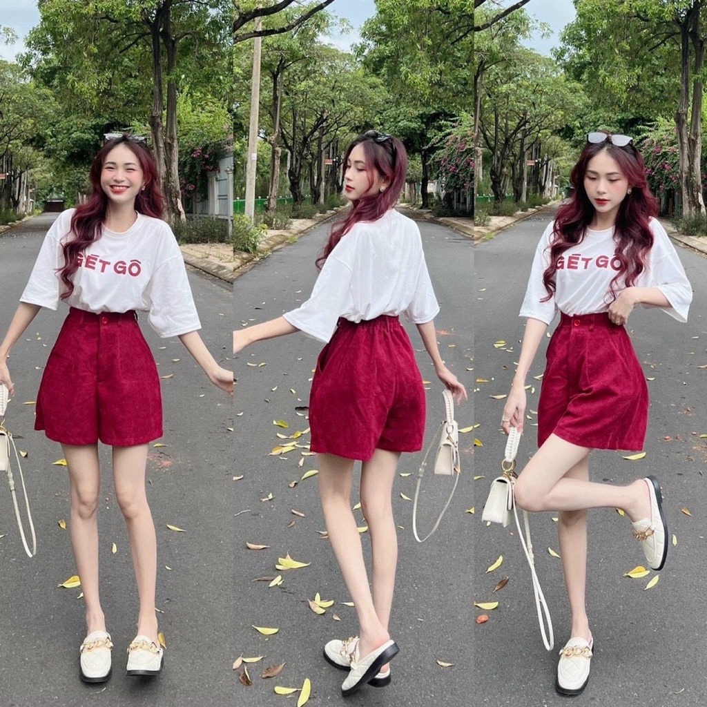 Sét Đồ Bộ Nữ Áo Cotton Cổ Tròn Tay Lỡ Hoạ Tiết Chữ Kèm Quần Short Tăm Nhung Thiết Kế Sang Chảnh Đi Làm Công Sở, Dạ Hội
