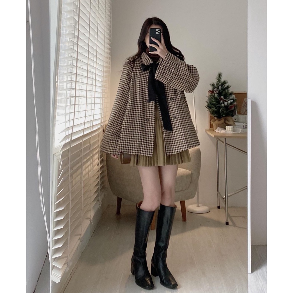 Áo khoác kẻ dạ babydoll kẻ caro hai lớp kèm nơ siêu xinh