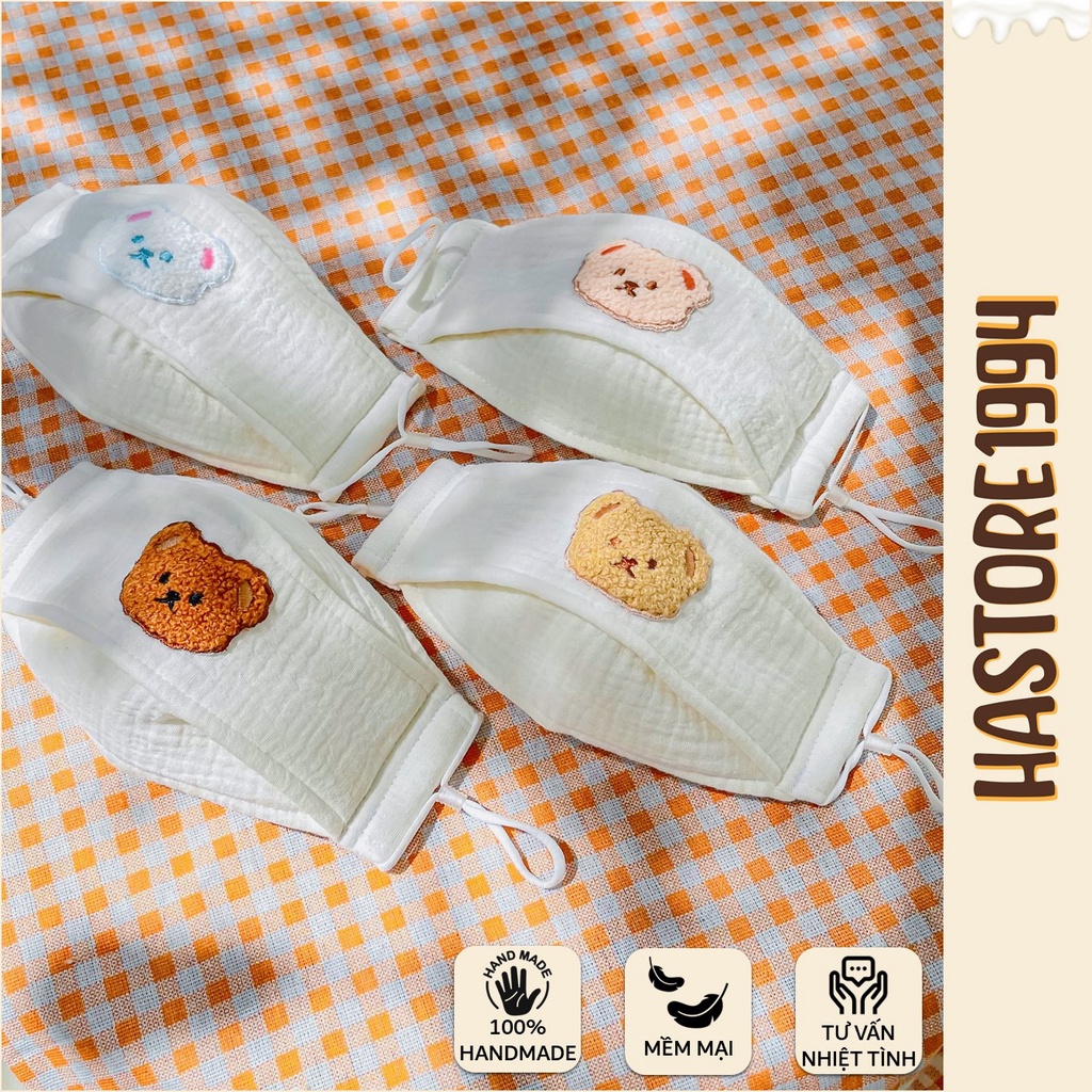 Khẩu trang muslin handmade hình gấu thêu cute chống nắng tái sử dụng nhiều lần