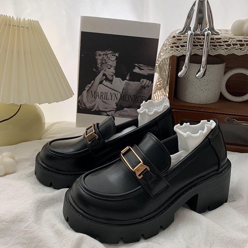 Giày oxfod khuy nữ đế cao 5cm chất da PU cao cấp phong cách ulzzang retro