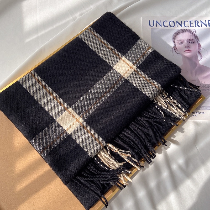 Khăn Quàng Cổ Cashmere Kẻ Caro To Đen/Đỏ/Trắng Vintage Unisex Nam Nữ