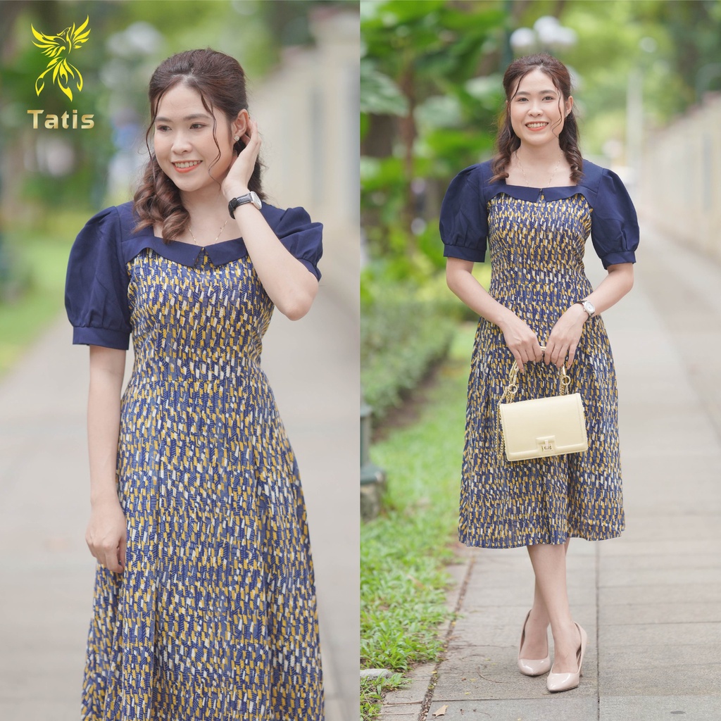 Đầm dự tiệc TATIS Cổ Vuông Họa Tiết Form Váy Chữ A Chất Tuyết Mưa, Váy Công Sở Thiết Kế Sang Chảnh– LC5