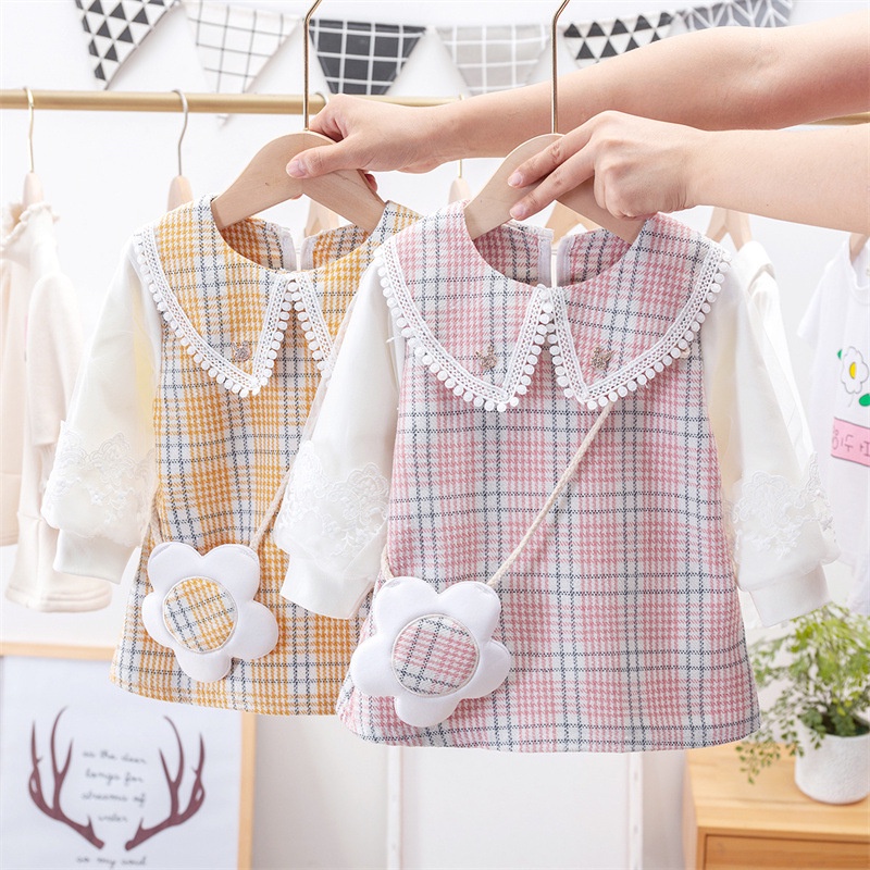Đầm Tay Dài Kẻ Sọc Caro Kèm Túi Đeo Chéo Màu Hồng / Trắng Phong Cách Hàn Quốc Cho Bé Gái