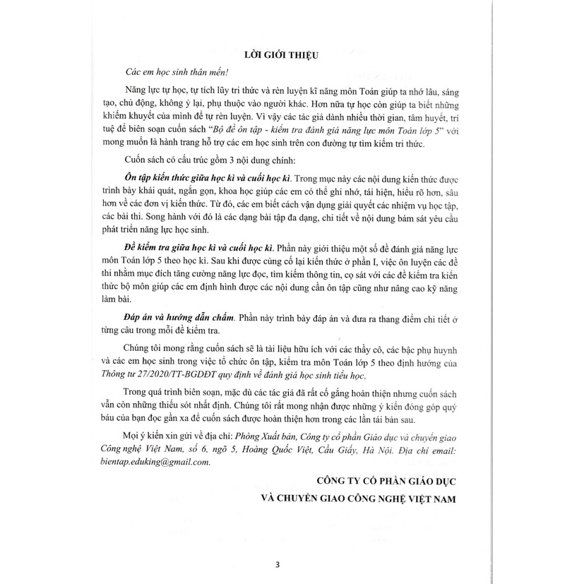 Sách - Bộ Đề Ôn Tập - Kiểm Tra Đánh Giá Năng Lực Môn Toán Lớp 5 - EDU
