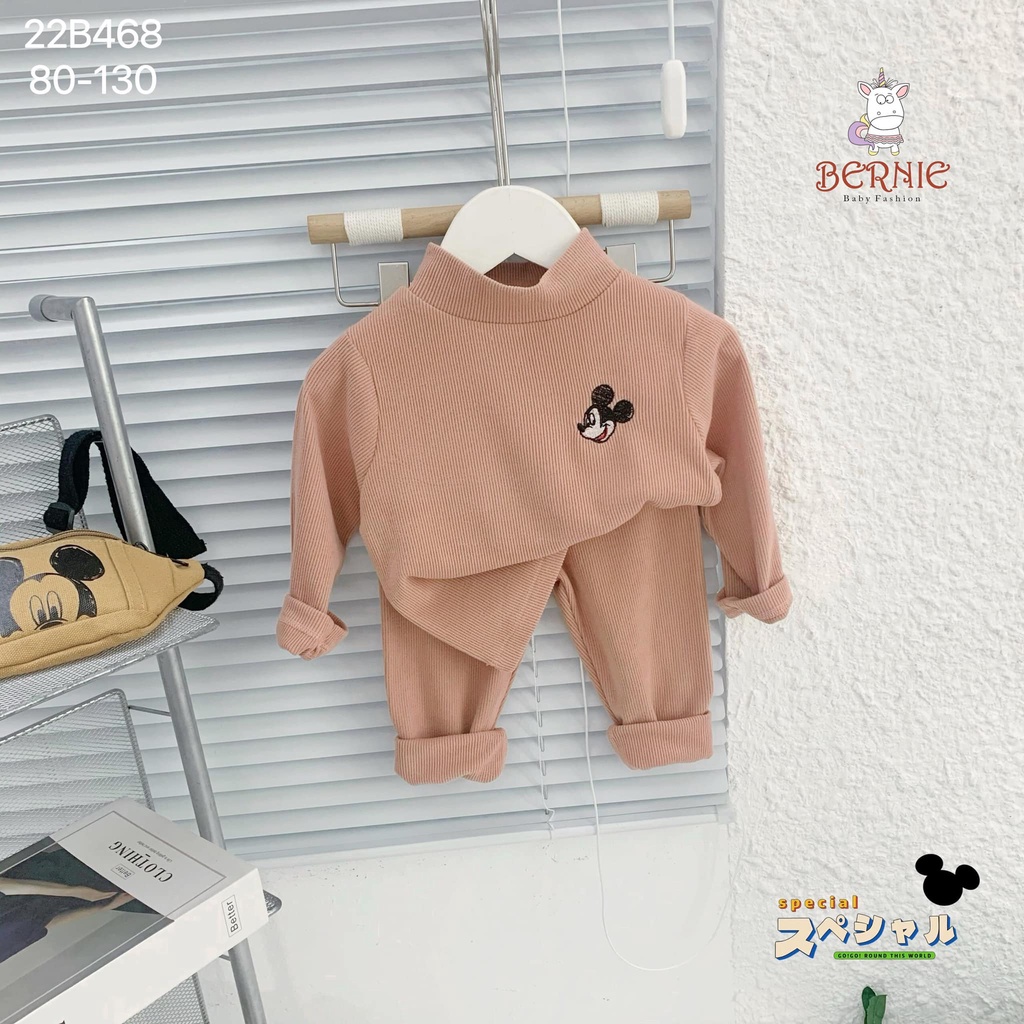Bộ nhung tăm cổ 3P Mickey thêu nổi Bernie cho bé trai, bé gái