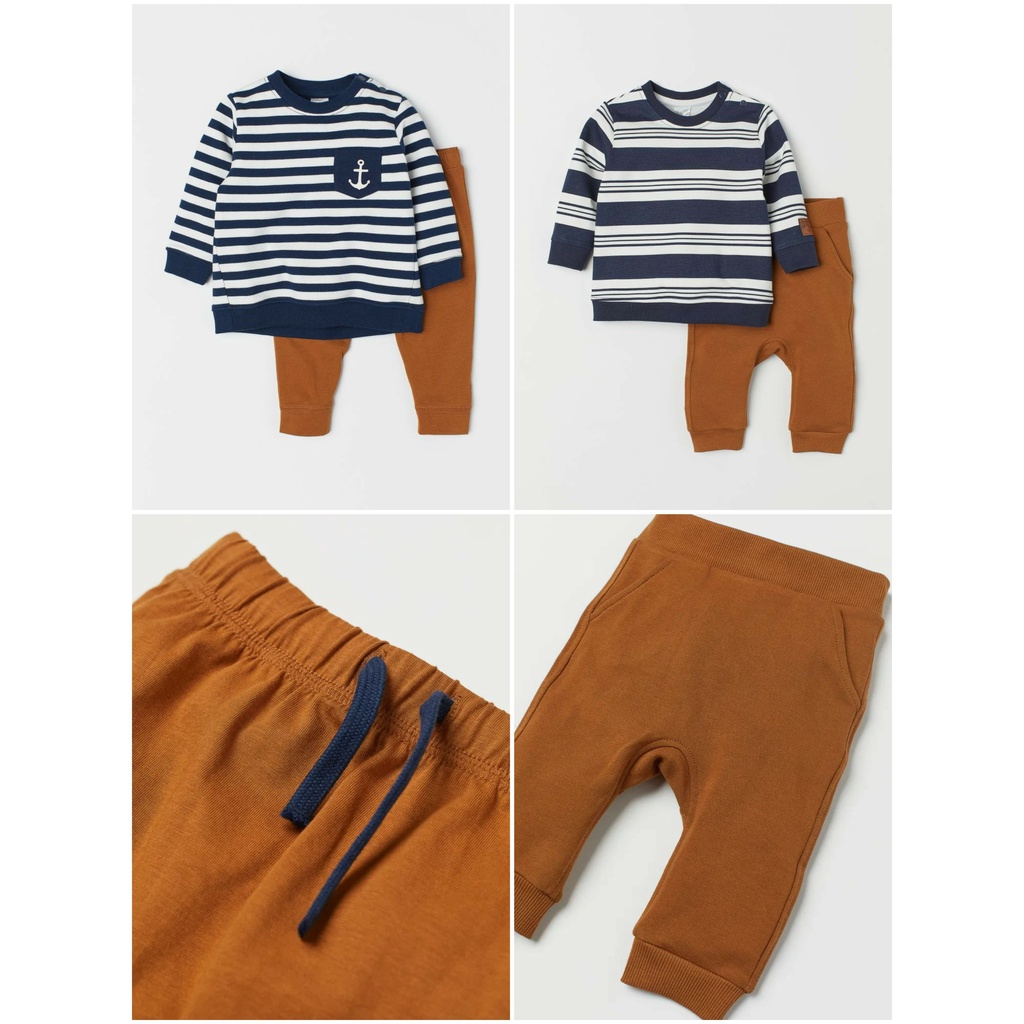 Set quần áo nỉ kẻ anchor da cá HM H&MM size 4-6, 6-9, 9-12, 12-18, 18-24m_hàng chính hãng Mỹ