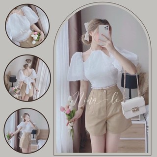 Sét bộ áo cổ yếm tay phồng cột nơ lưng kèm quân siêu dễ thương