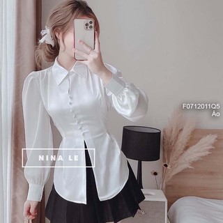 Áo sơ mi lụa trắng khuy bọc cột nơ lưng tay dài hàng QC!