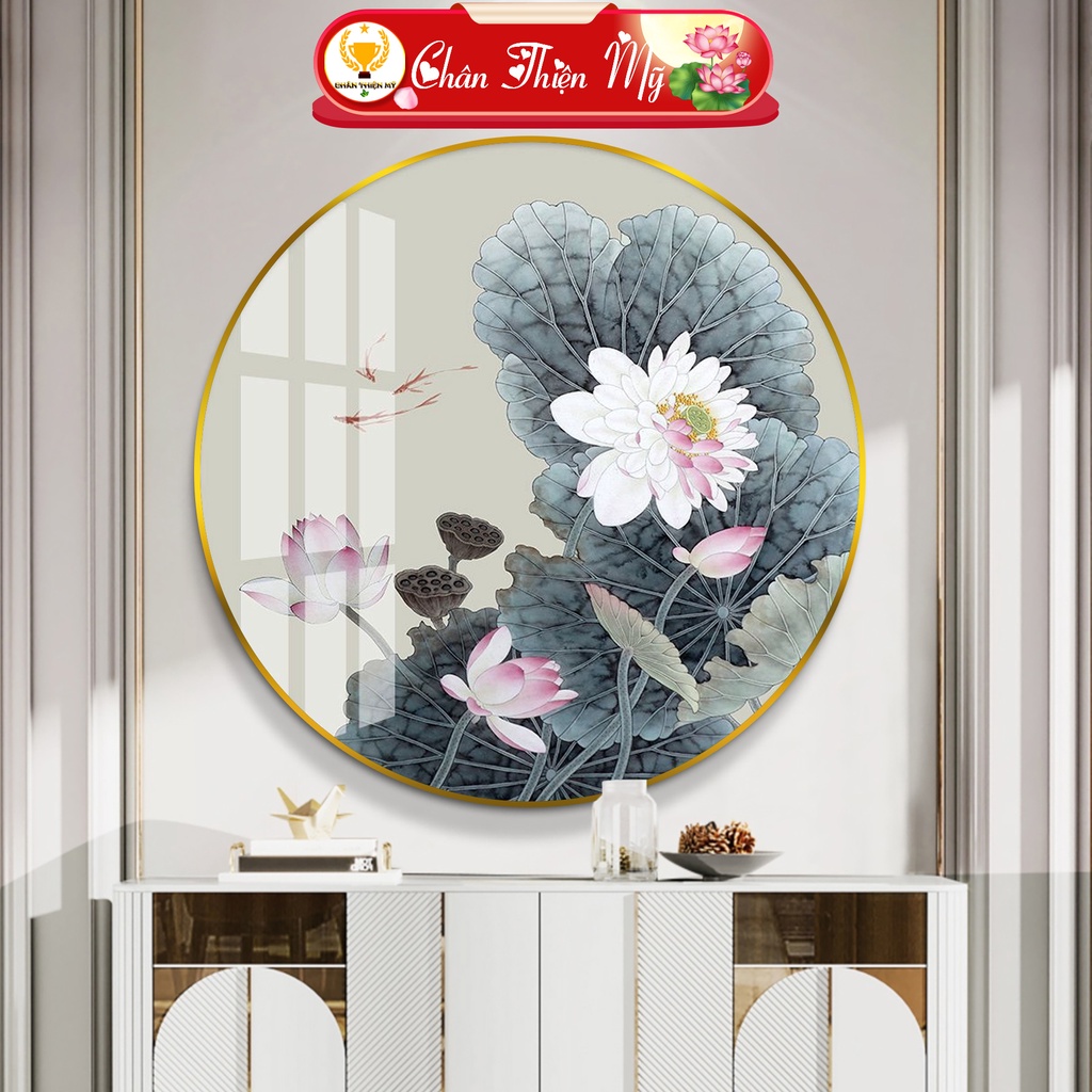 Tranh Tráng Gương Pha Lê Tròn CHÂN THIỆN MỸ, Decor Treo Tường Trang Trí Phòng Hoa Sen TG-T1-100