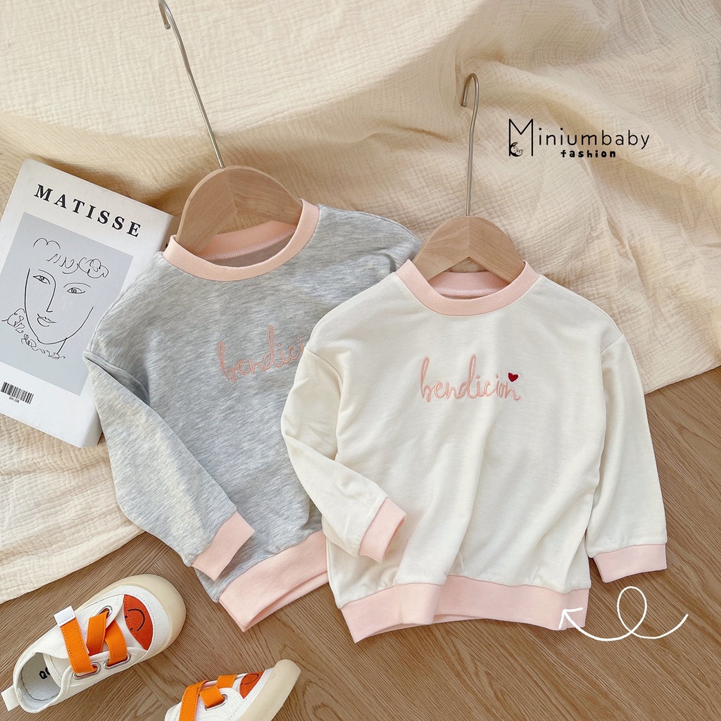 Set bộ đồ dài tay basic thu đông thêu chữ cho bé gái MiniumBaby, quần áo trẻ em cotton dài tay SB1369