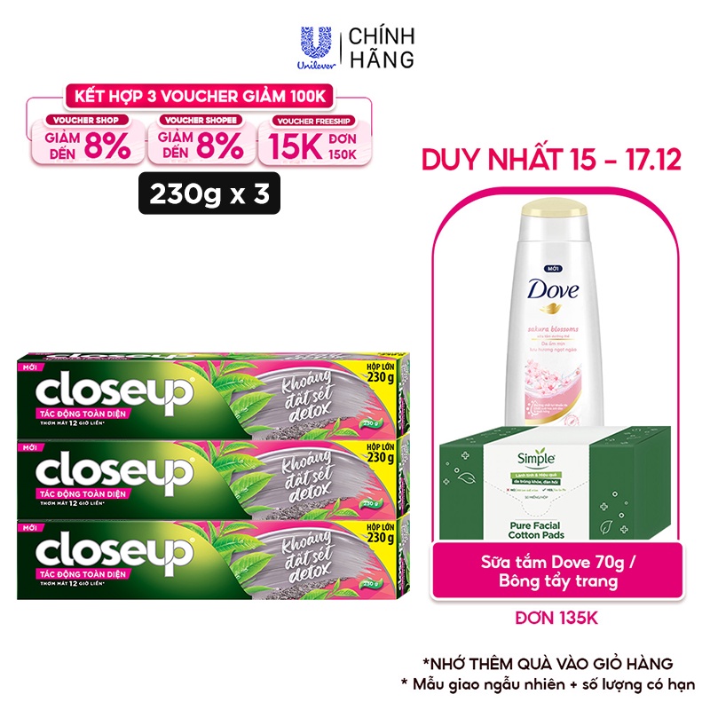 Combo 3 Kem Đánh Răng Closeup Giúp Làm Trắng Răng Tự Nhiên X2.5 Lần Với Khoáng Đất Sét Và Trà xanh 230G/Tuýp