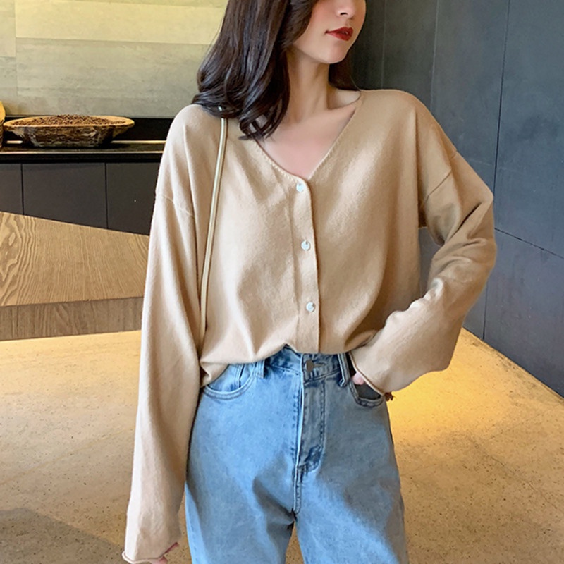 Áo Khoác Cardigan Dệt Kim Tay Dài Cổ Chữ v Màu Sắc Đơn Giản