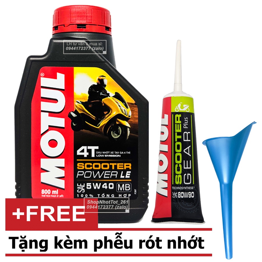Combo tiết kiệm (Tặng Free 1 Phễu Châm Nhớt) Dầu Nhớt Tay Ga Motul Power Le 10w40-800ml(0.8L)+ Nhớt hộp số Motul 120ml