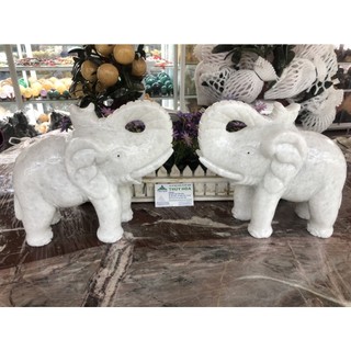 Cặp tượng con voi phong thủy đá trắng - Dài 27 cm