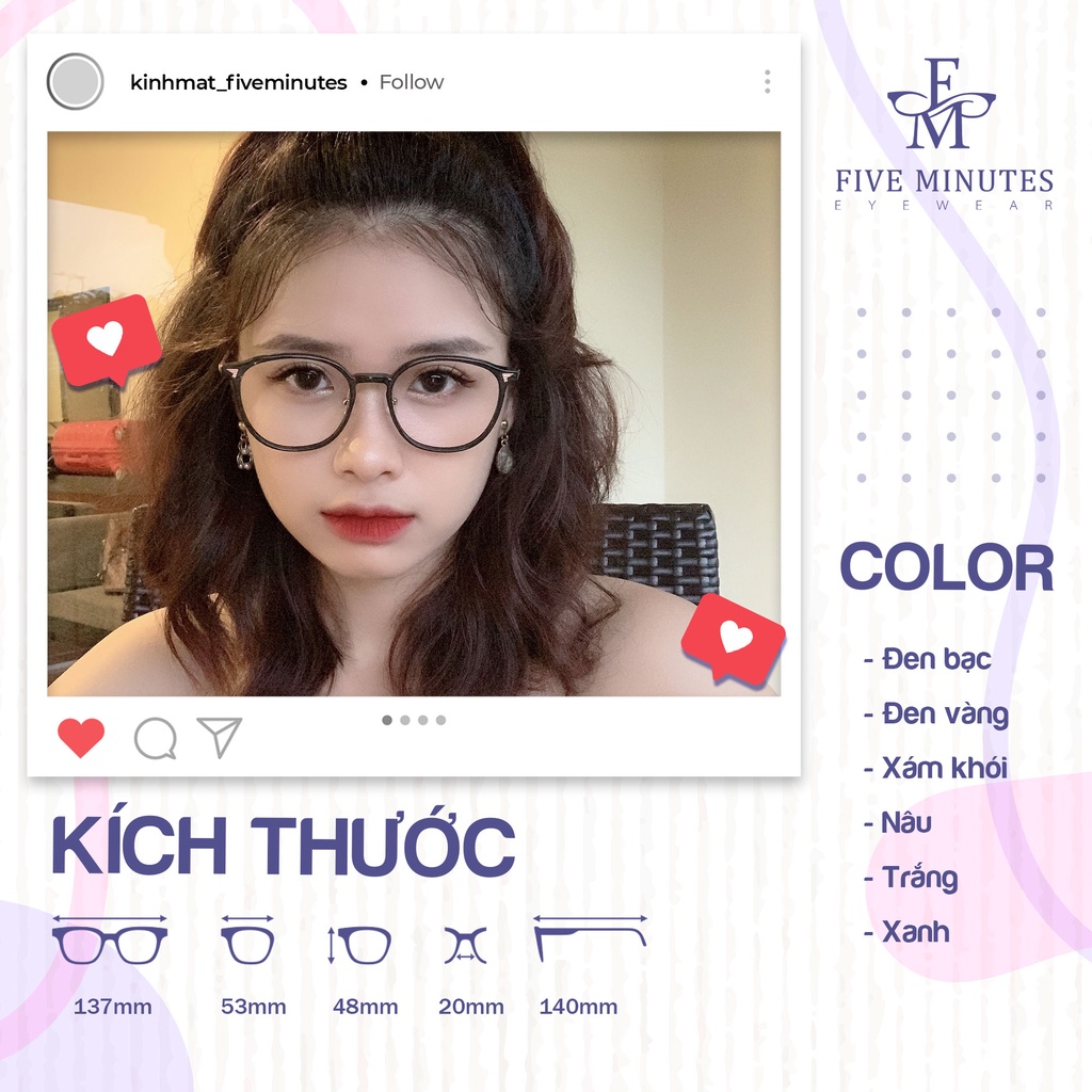 Gọng kính nam nữ, form tròn nhựa dẻo càng kính kim loại mảnh 01247 Siêu hot 2023